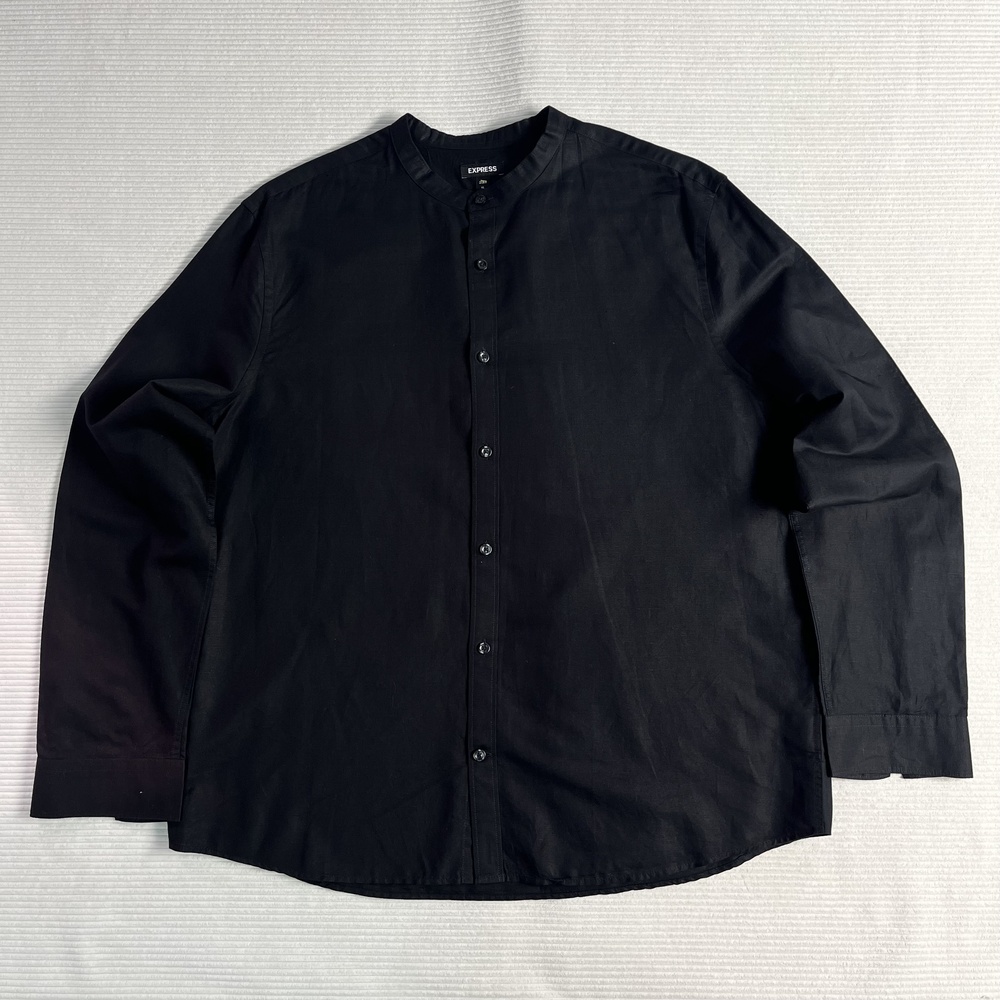 Express Dress Shirt Mens XL Black Solid Band Collar Button Front Long Sleeve